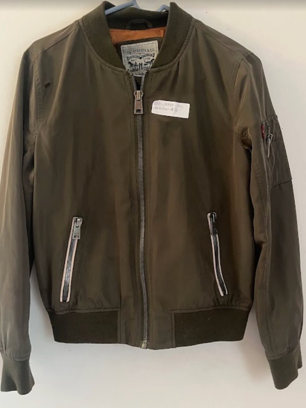 Levi’s Women’s Olive Green Bomber Jacket, Satin-Finish, Zip Pockets, Size Small,